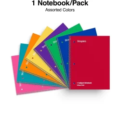 Staples 1-Subject Notebooks, 8" x 10.5", College Ruled, 70 Sheets, Assorted Colors (ST54891C)