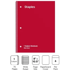 Staples 1-Subject Notebooks, 8" x 10.5", Wide Ruled, 70 Sheets, Assorted Colors, 72/Pack (TR11667CT)