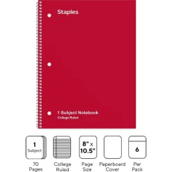 Staples 1-Subject Notebooks, 8" x 10.5", College Ruled, 70 Sheets, Assorted Colors, 6/Pack (ST58376C)