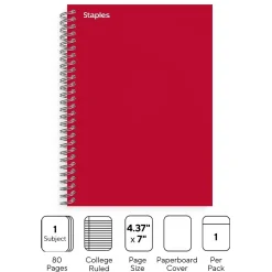Staples® 1-Subject Subject Notebooks, 5" x 7", College Ruled, 100 Sheets, Assorted (83357)