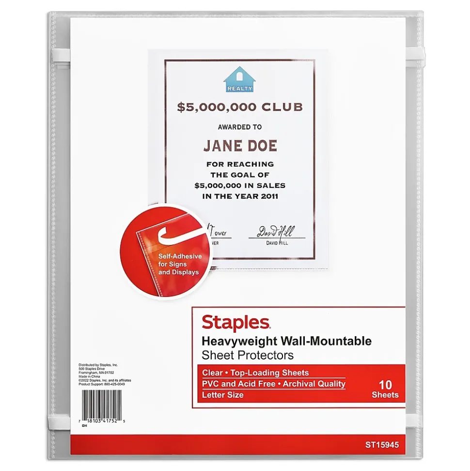 Staples Wall-Mountable Heavyweight Sheet Protector, 8.5" x 11", Diamond Clear, 10/Pack (15945)
