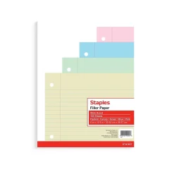 Staples Wide Ruled Filler Paper, 8" x 10.5", Assorted Colors, 100 Sheets/Pack (TR41637)