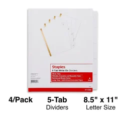 Staples Write-On Write & Erase Paper Divider, 5 Tabs, White/White Tabs, 4 Sets (13508/23175)