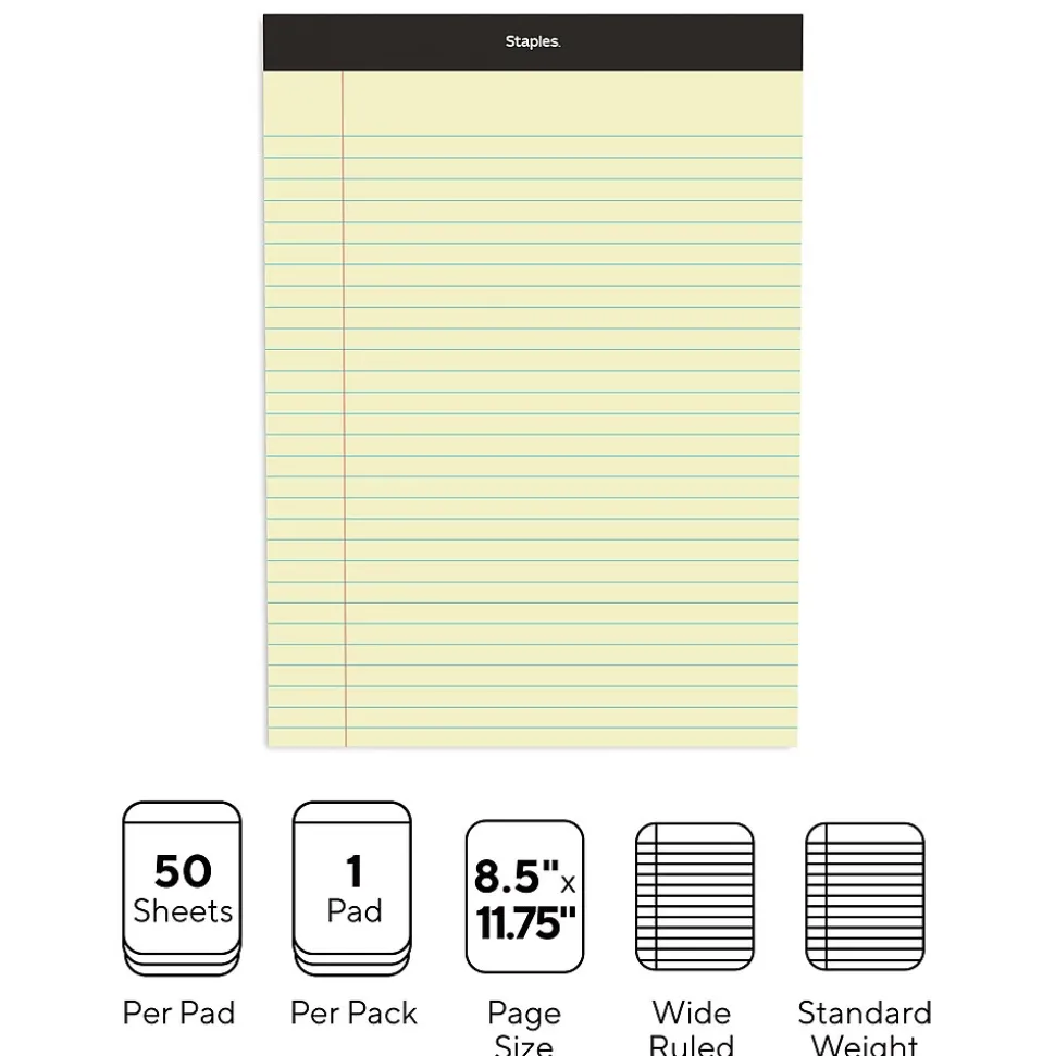 Staples Writing Pad, 8.5" x 11.75", Wide Ruled, Canary, 50 Sheets/Pad (40066)