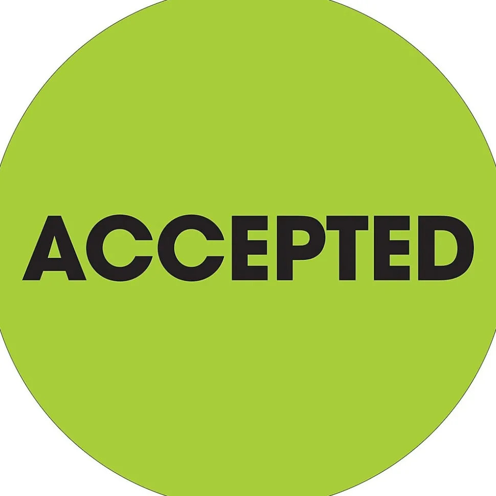 Tape Logic 2" Circle "Accepted" Label, Fluorescent Green, 500/Roll