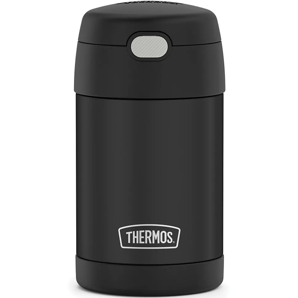 Thermos FUNtainer Stainless Steel Vacuum-Insulated Food Jar with Folding Spoon, 16-Oz., Black Matte (F31101BK6)