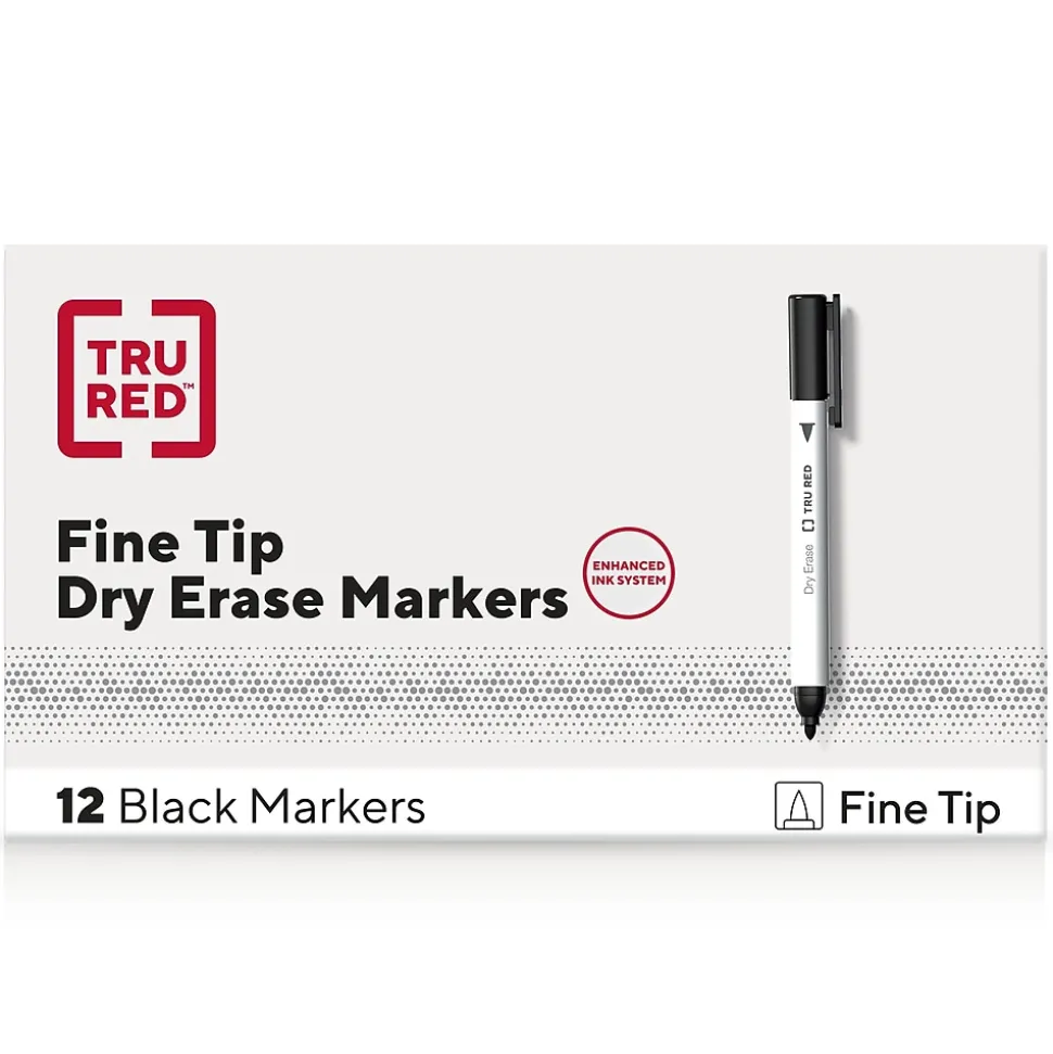 TRU RED™ Pen Dry Erase Markers, Fine Tip, Black, 12/Pack (TR61435/TR54566)