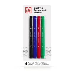 TRU RED™ Pen Permanent Markers, Twin Tip, Assorted, 4/Pack (TR57828)