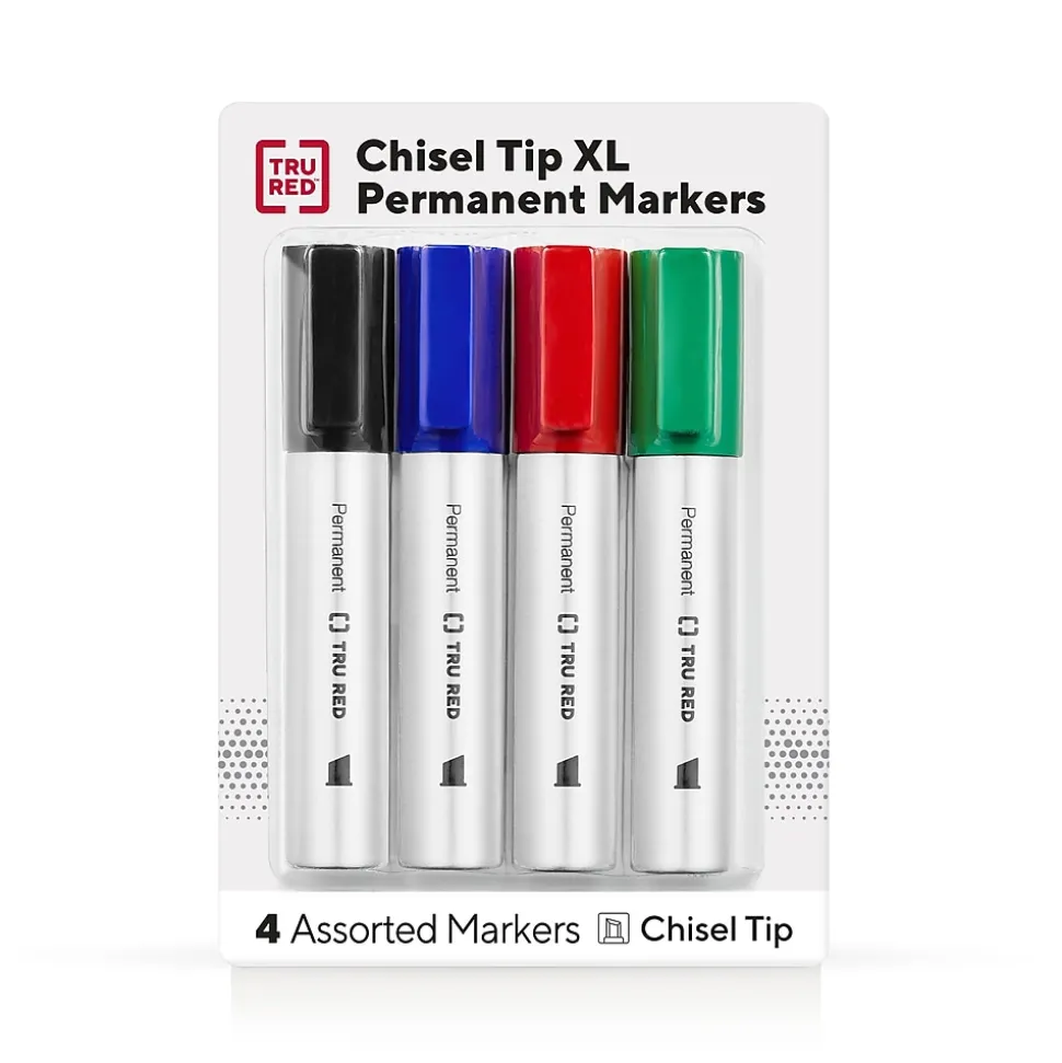 TRU RED™ XL Tank Permanent Markers, Chisel Tip, Assorted, 4/Pack (TR56935)