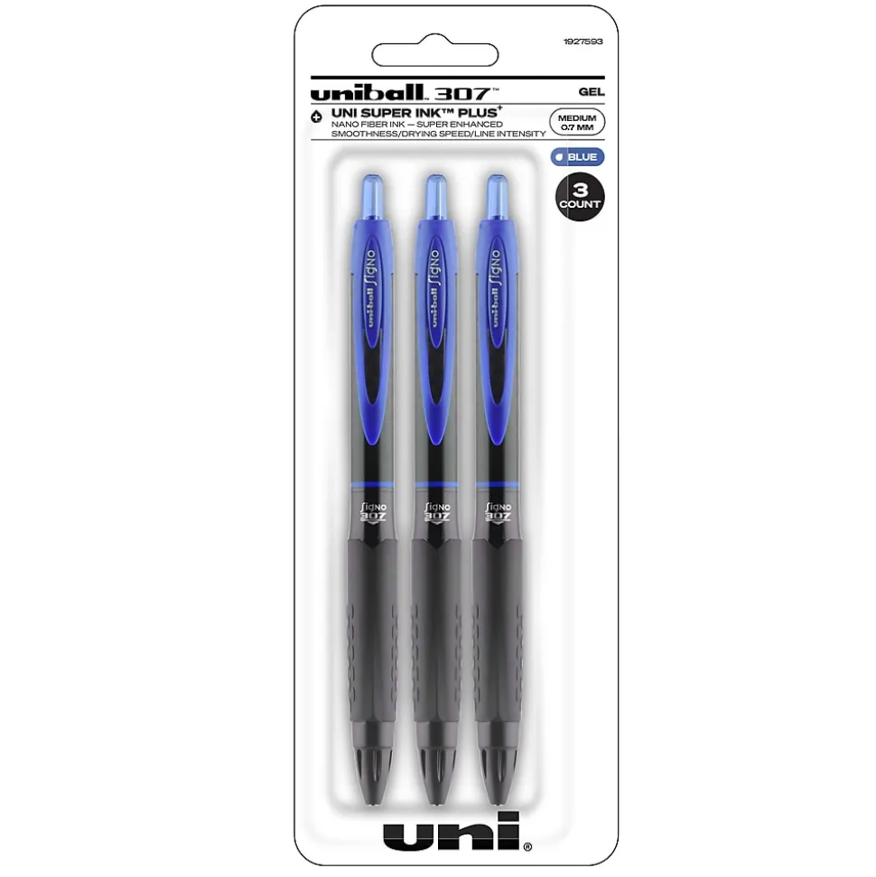 uniball 307 Retractable Gel Pens, Medium Point, 0.7mm, Blue Ink, 3/Pack (1927593)