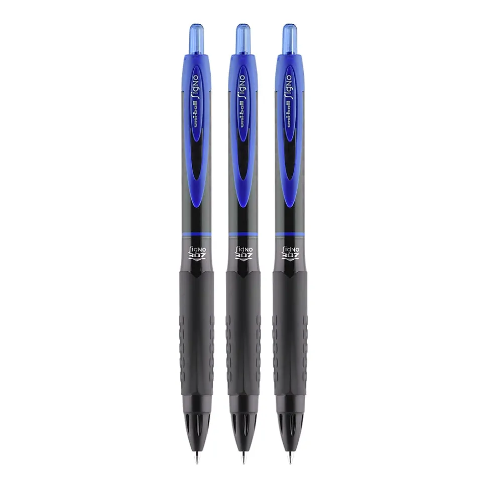 uniball 307 Retractable Gel Pens, Medium Point, 0.7mm, Blue Ink, 3/Pack (1927593)