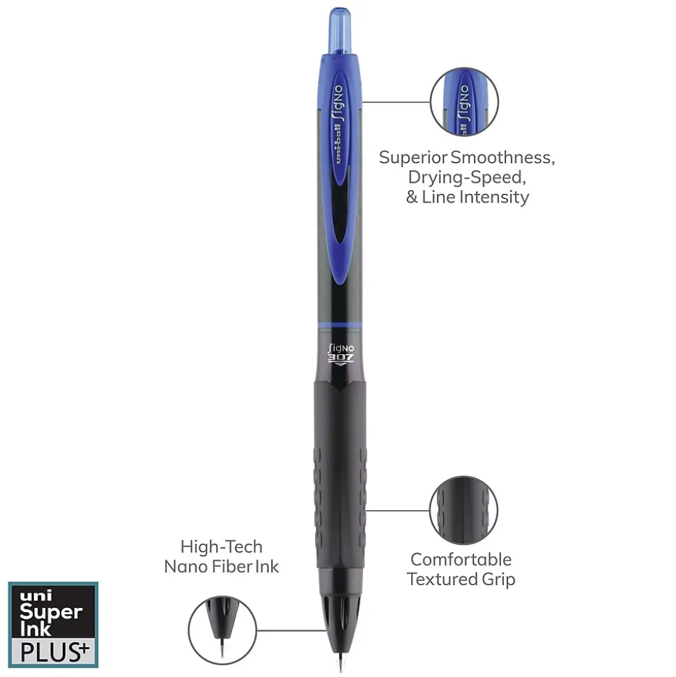 uniball 307 Retractable Gel Pens, Medium Point, 0.7mm, Blue Ink, 3/Pack (1927593)