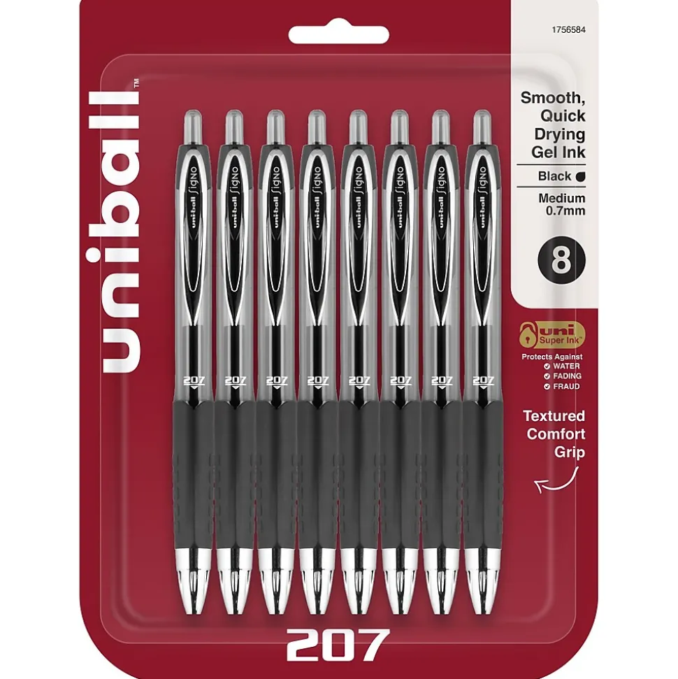 uni-ball 207 Retractable Gel Pens, Medium Point, 0.7mm, Black Ink, 8/Pack (1756584)
