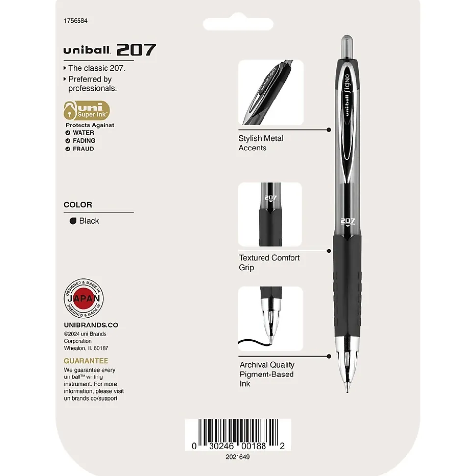 uni-ball 207 Retractable Gel Pens, Medium Point, 0.7mm, Black Ink, 8/Pack (1756584)