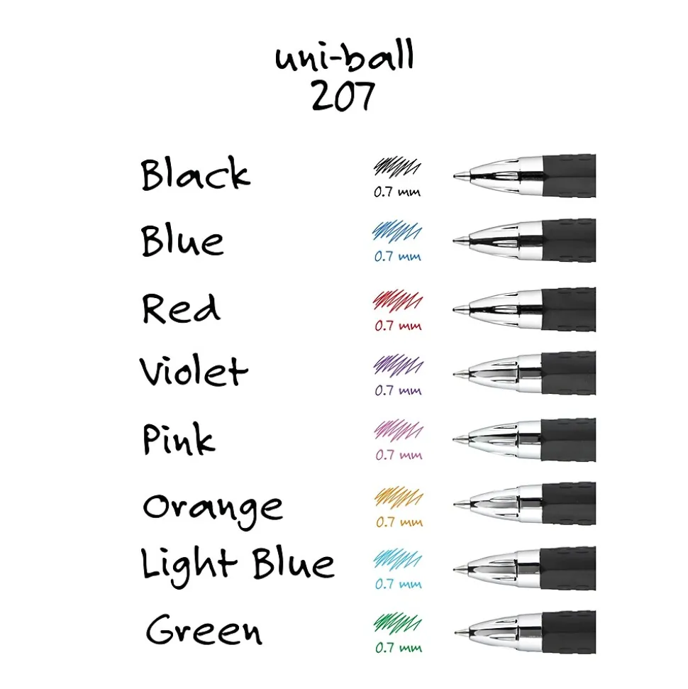 uniball 207 Retractable Gel Pens, Medium Point, 0.7mm, Blue Ink, 12/Pack (33951)