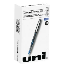 uniball Vision Needle Rollerball Pens, Micro Point, 0.5mm, Blue Ink, 12/Pack (1734919)