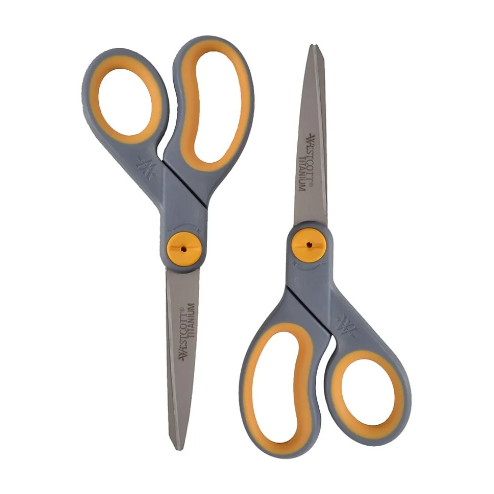 Westcott Titanium Bonded 8" Titanium Heavy Duty General Purpose Scissor, Sharp Tip, Gray/Yellow, 2/Pack (13901)