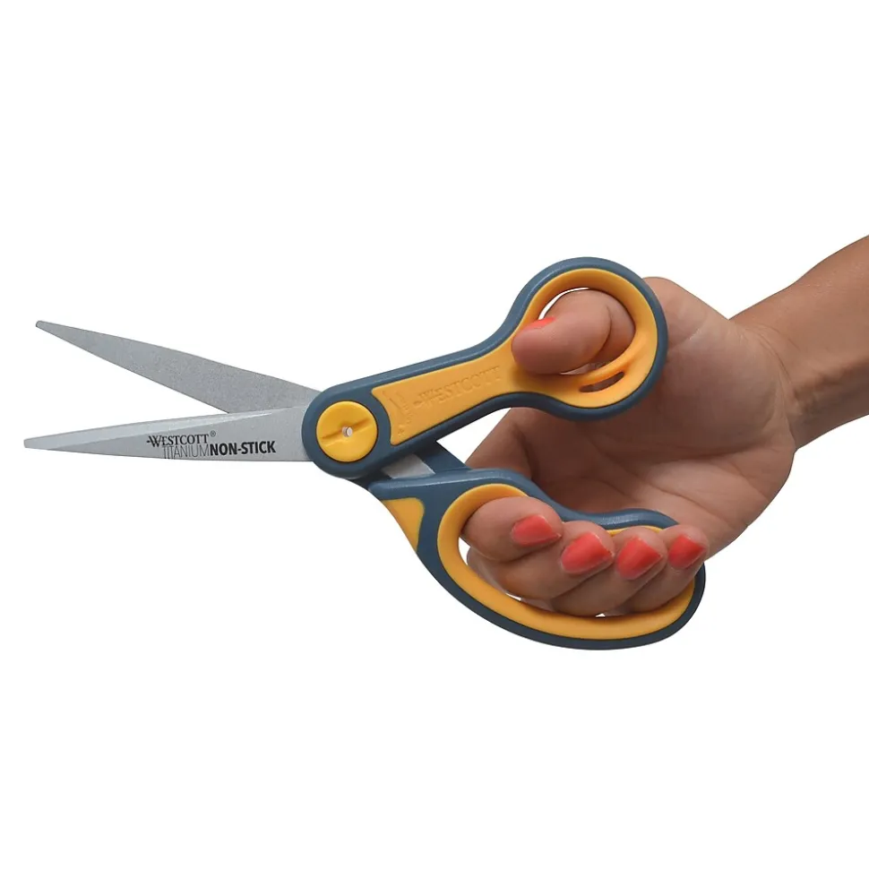 Westcott Titanium Bonded Non-Stick 8" Scissors, Adjustable Glide, Pointed Tip, Gray/Yellow (14849)