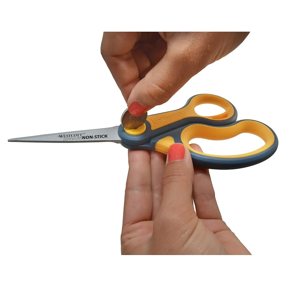 Westcott Titanium Bonded Non-Stick 8" Scissors, Adjustable Glide, Pointed Tip, Gray/Yellow (14849)