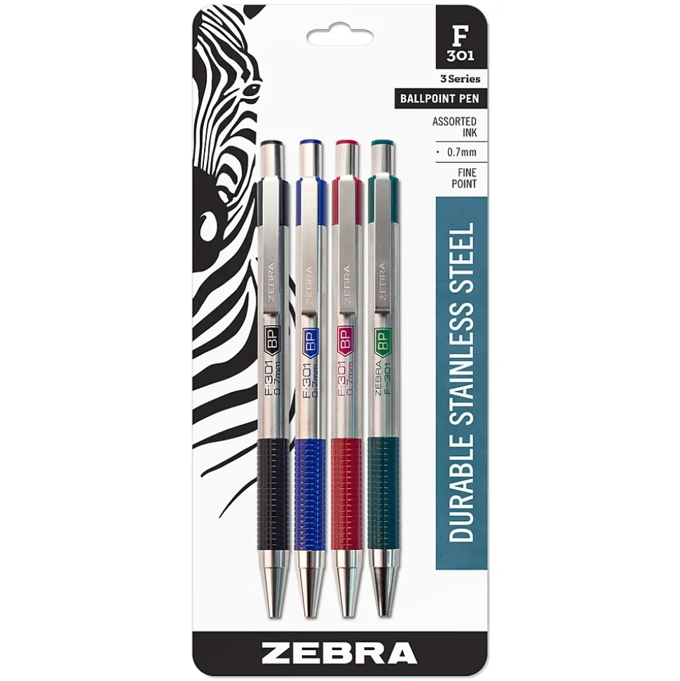 Zebra F-301 Retractable Ballpoint Pen, Fine Point, 0.7mm, Assorted Ink, 4 Pack (27174)