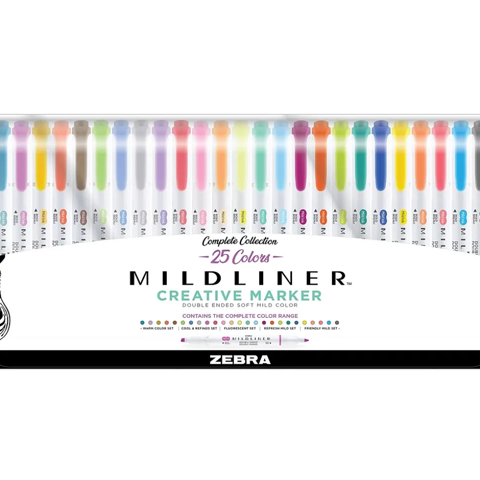 Zebra Mildliner Twin Tip Highlighters, Bullet/Chisel Tip, Complete Assorted, 25/Pack (78525)