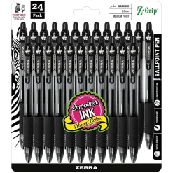 Zebra Z-Grip Retractable Ballpoint Pens, Medium Point, 1.0mm, Black Ink, 24/Pack (12221)
