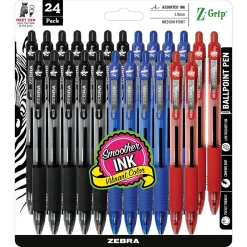 Zebra Z-Grip Retractable Ballpoint Pen, Medium Point, 1.0mm, Assorted Ink, 24 Pack (12224)